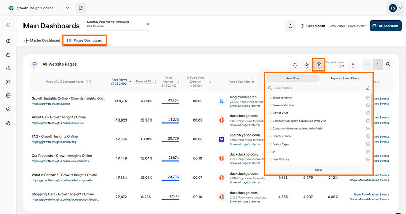 Apply Filtering to Pages Dashboard