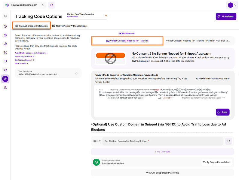Tracking Code Installation - No Visitor Consent Needed