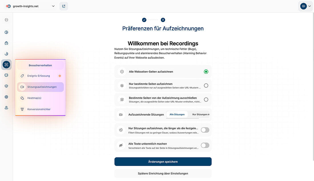 Der Screenshot der Plattform zeigt die Navigation zu Session Recordings und den Bildschirm mit den anfänglichen Aufzeichnungseinstellungen zum Konfigurieren der aufzuzeichnenden Sitzungen