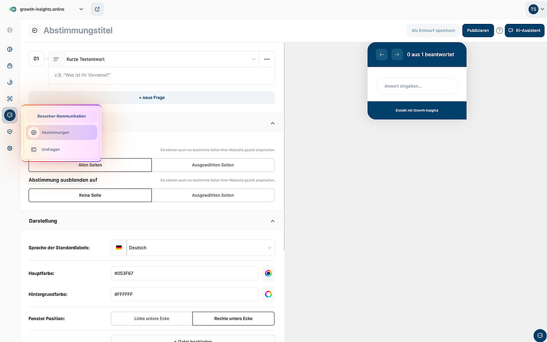 Abstimmungs-Editor mit Navigationspfad, Optionen für die Seitenausrichtung und On-Page-Vorschau