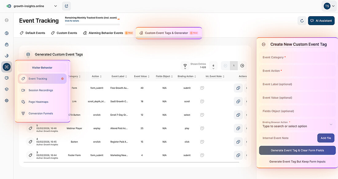 Event Tracking with Custom Event Tags Generator Platform screenshot showing navigation to Event Tracking and the Custom Event Tags and Generator panel for creating a new custom event tag